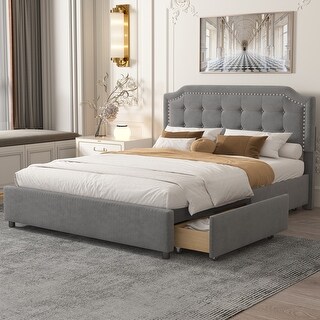 Queen Size Velvet Upholstered Platform Bed with 4 Storage Drawers, Classic Headboard and Wood Slats