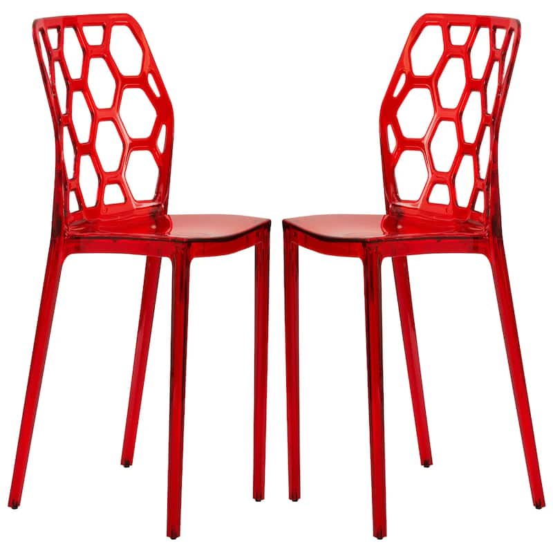 Dynamic Transparent Lucite Honeycomb Cut-Out Seamless Stackable Dining Accent Chair Set of 2 - Transparent Red