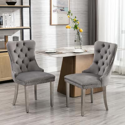 Velvet Fabric Dining Chairs Set of 2, Tufted Upholstered Dining Room Chair with Nailhead Trim & Stainless Steel Legs