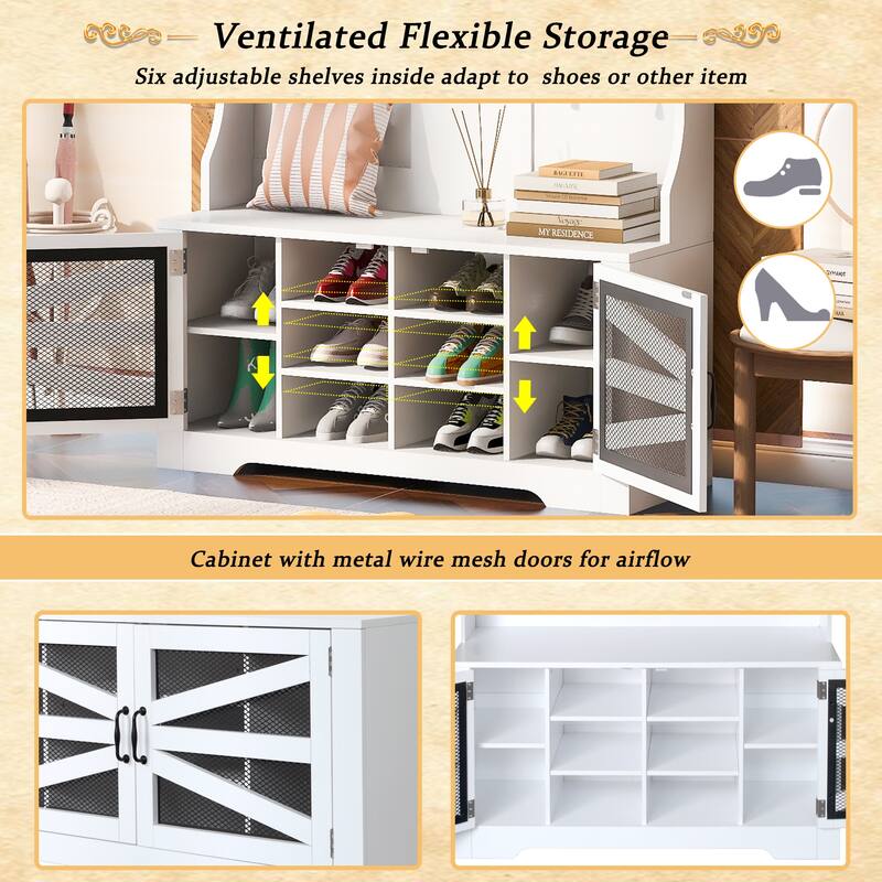 43.3" 3-in-1 Wood Coat Rack with Adjustable Shelves and 7 Hooks