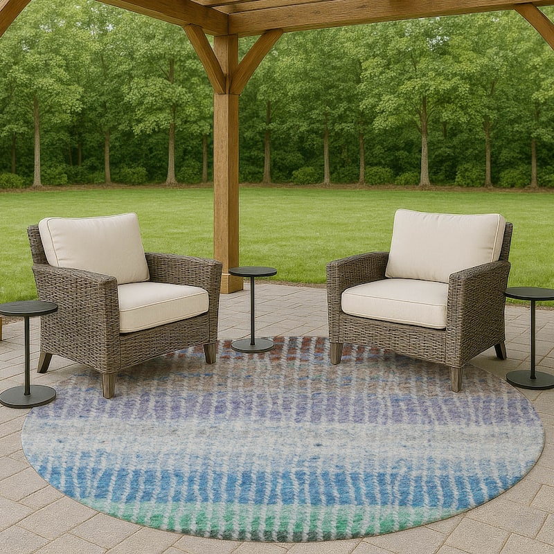 Machine Washable Indoor/ Outdoor Contemporary Stripes Chantille Rug - Blue - 8' x 8'