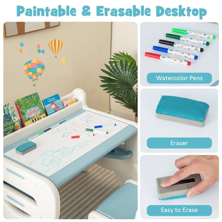 Kids Drawing Table and Chair Set with Watercolor Pens and Blackboard Eraser - 30.5" x 23.5" x 23"