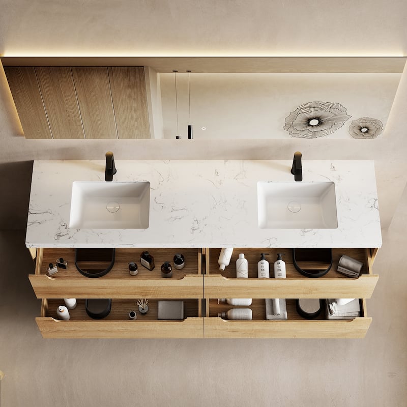 Prismis 60" 72" 84" Wall-Mount Premium Bathroom Vanity with Quartz Top