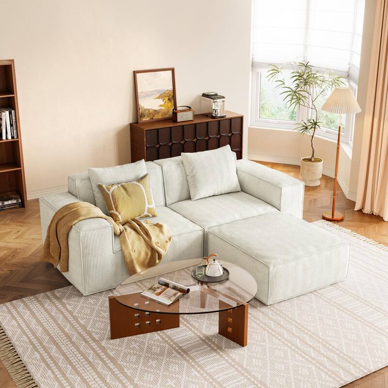 Modular Convertible Sofa Bed 2 Seater with Footrest White Cloud Velvet - White