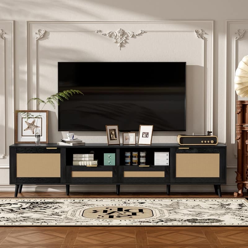 Farmhouse Rattan TV Stand for TVs up to 85" with Storage & Wood Legs