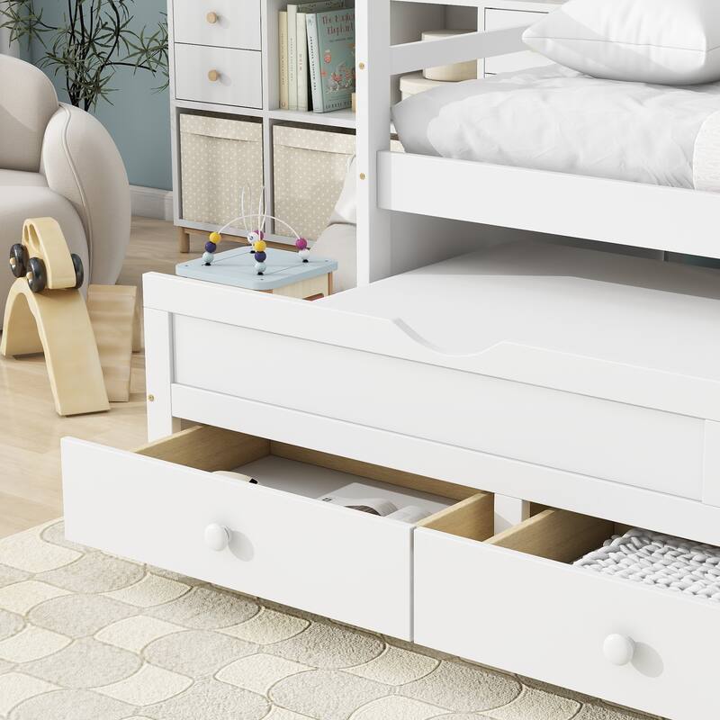 Twin Size Bed Frame Wood Platform Bed with Trundle and 3 Storage Drawers