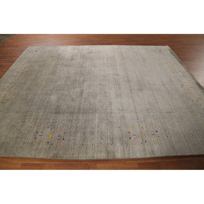 Striped Green Gabbeh Oriental Area Rug Handmade Tribal Wool Carpet - 7'9"x 9'7"