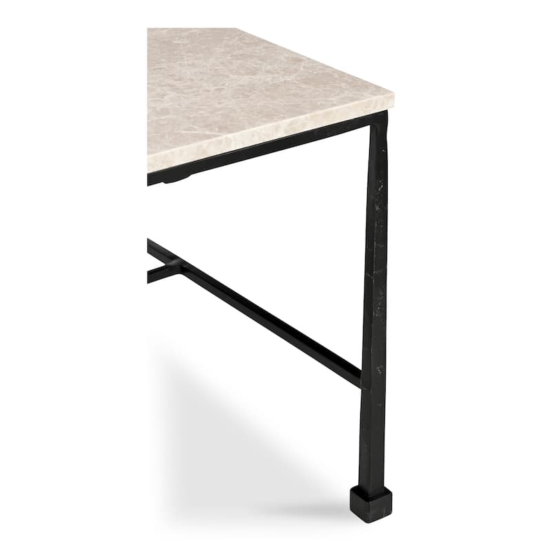 NADAAL STUDIOS Tylienne Coffee Table, Italian Botticino Marble, Hammered Blackened Iron Base