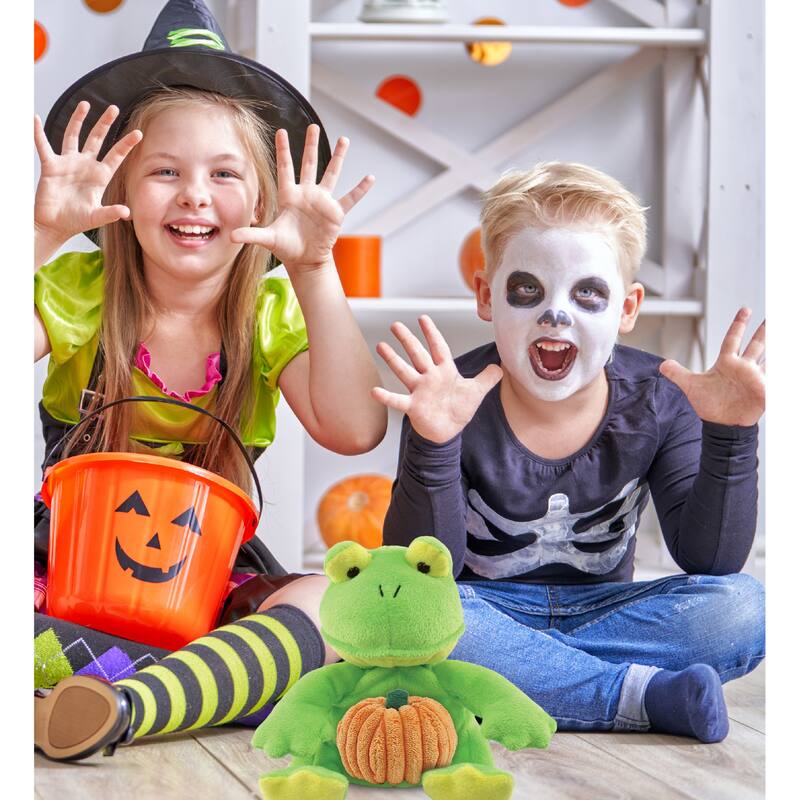 DolliBu Super Soft Frog Stuffed Animal with Pumpkin Decor Plush