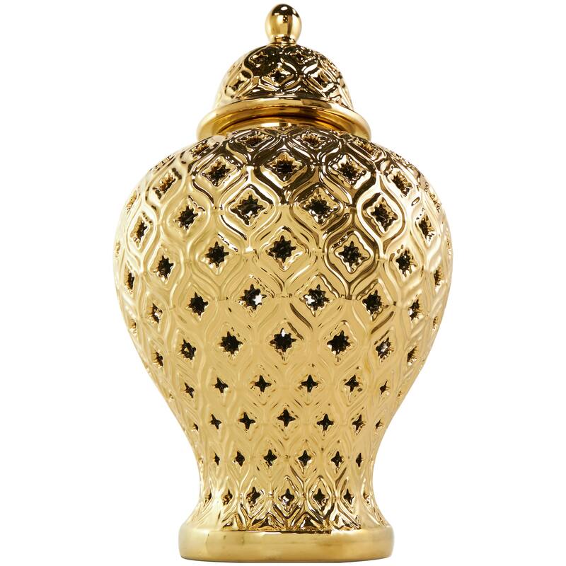 Gold Ceramic Living Room Decorative Jars with Geometric Cutout Design and Lid