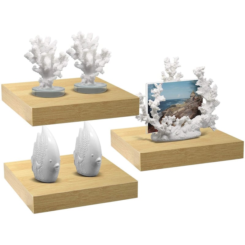 3 Pack Square Mounted Floating Shelves - Rustic Wood Display Ledge Storage Shelf - 9.25" L X 9.25" W X 1.5" H - Maple Wood