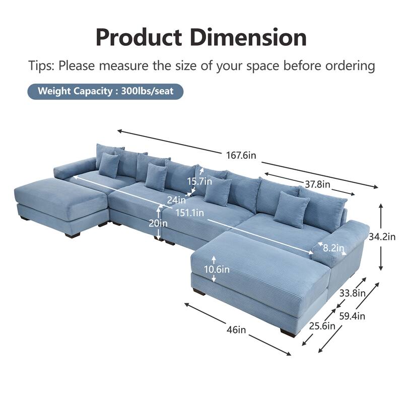 GDFStudio - Corduroy U-Shaped 4-Seater 167.6" Cloud Modular Sectional Couch with 2 Ottomans
