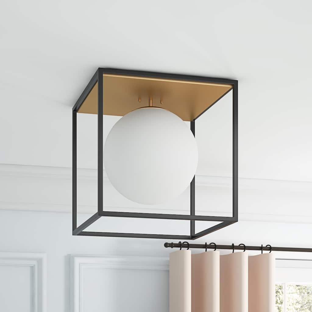 1-Light Metal Cube Frame Flush Mount Ceiling Light with Globe Glass Shade