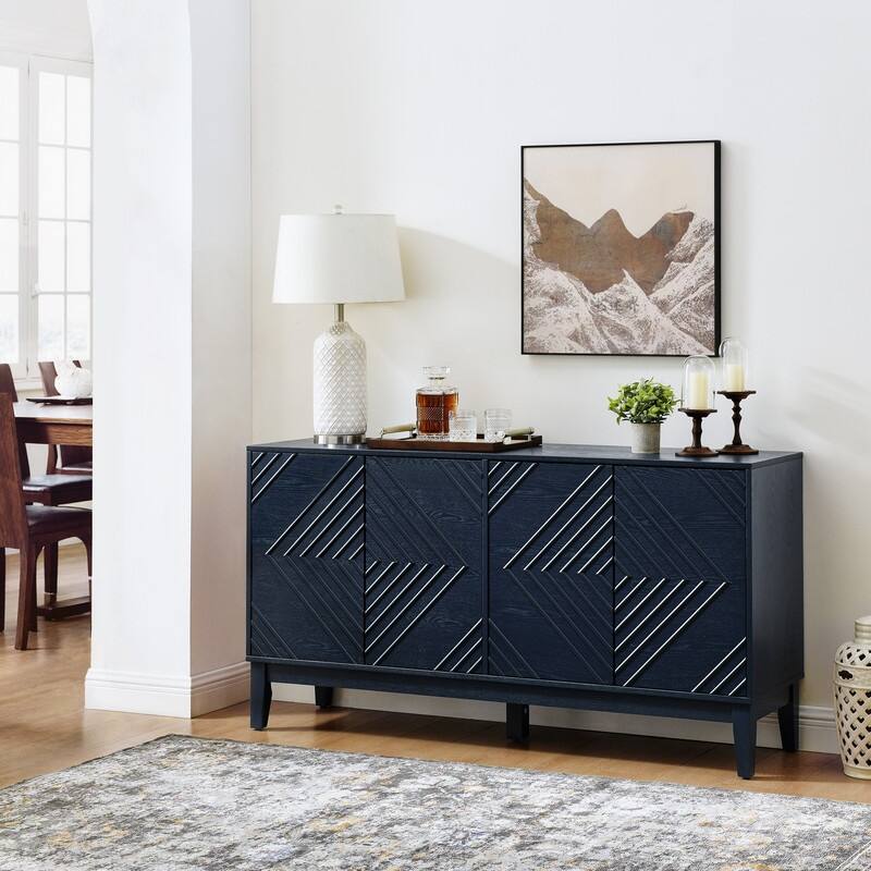 60.5" Farmhouse Fluted Sideboard – Mid-Century Modern TV Stand with Geometric Design & Adjustable Shelves for Living Room.