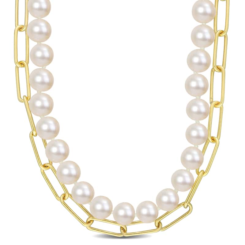 Miadora 18k Yellow Gold Plated Sterling Silver Cultured Freshwater Pearl Link Chain Layered Necklace