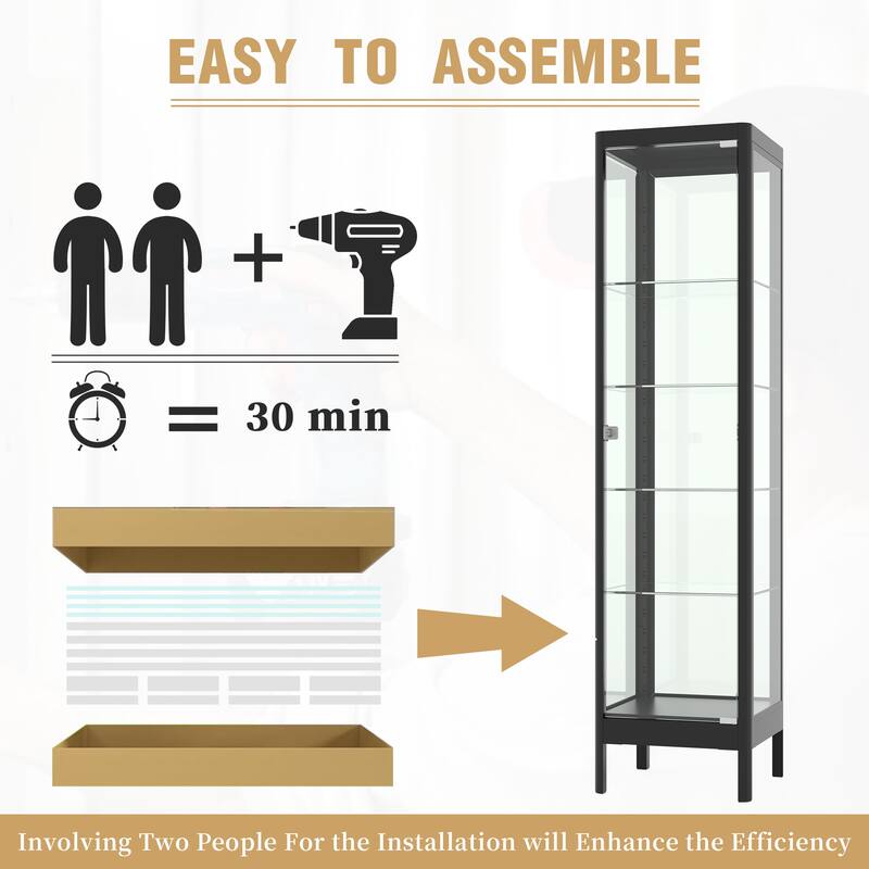 5-Tier Tempered Glass Curio Display Cabinet with Adjustable Shelves - 63"H x 15.4"W x 15.8"D