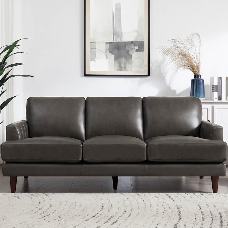 Ivy Living Cassia Top Grain Leather Sofa With Feather, Memory Foam and Springs - Concord Gray