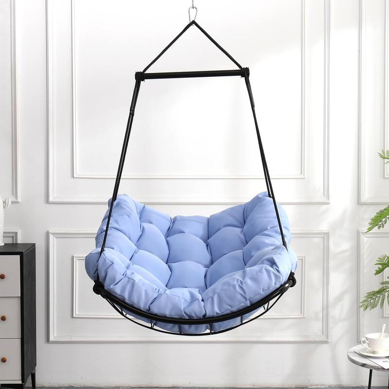 Steel-Frame Hammock Chair Swing with Comfort Cushion - Anti-Slip Safety Rings for Indoor/Outdoor Use in Patio, Bedroom, Balcony - Blue