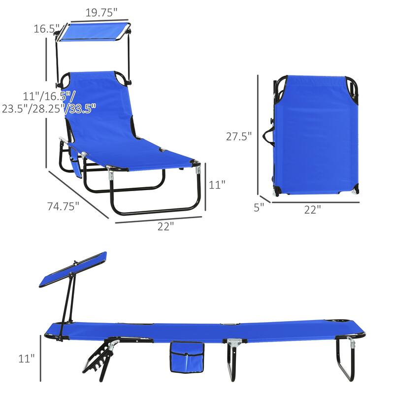 Outsunny Folding Chaise Lounge Pool Chairs with Canopy Shade, Reclining Back, Steel Frame and Side Pocket, 2 Piece