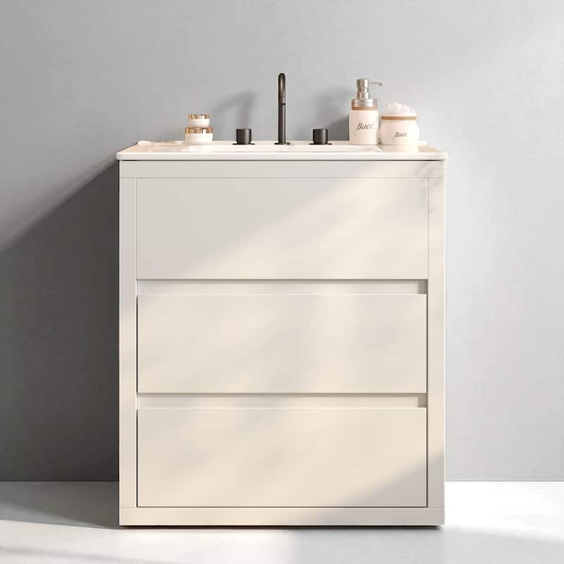 30" Freestanding Bathroom Vanity with Ceramic Sink, 2 Soft Close Drawers, Beveled Handleless Design - White
