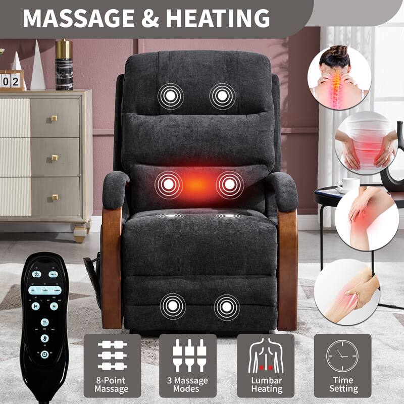 Dual Motor Power Lift Recliner Chair with Massage Heat and Wood Armrests