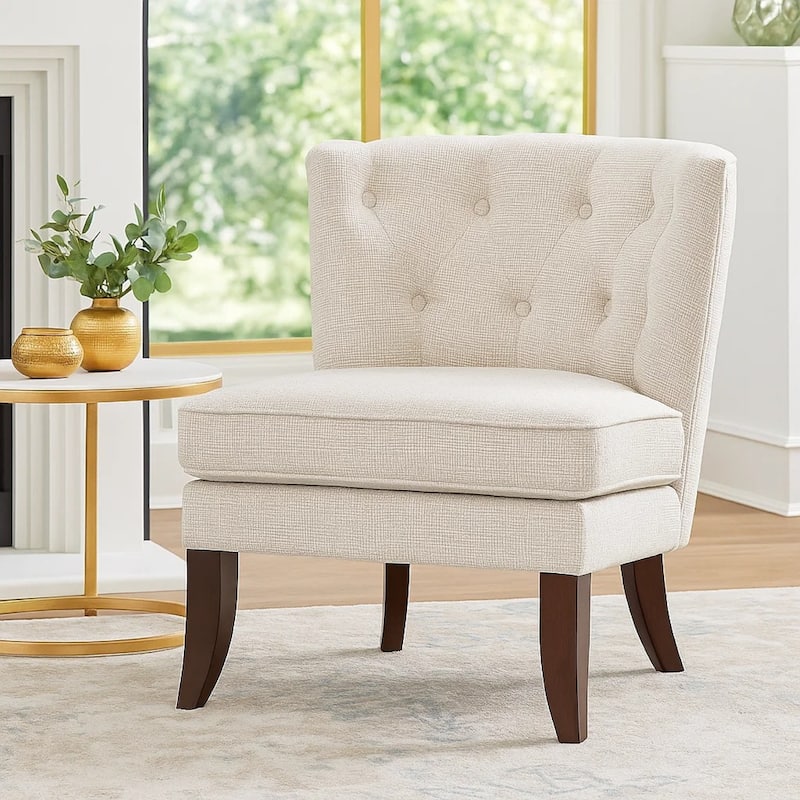 Rose Accent Chair, Button Tufted Wingback, Beige Polyester, Brown Legs