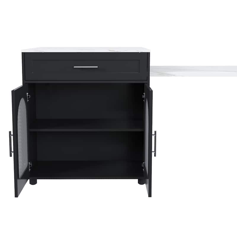 80-inch Expandable Kitchen Island with Dining Table, Marble-Grain Countertop, Mobile Storage Cart with Cabinet & 2 Drawers