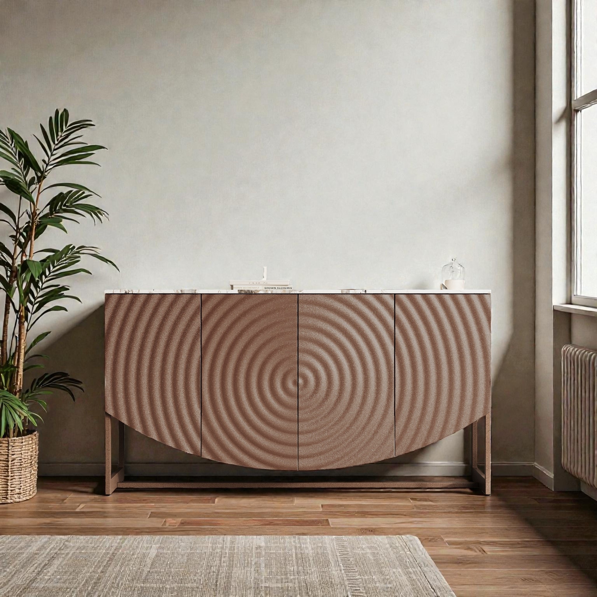 Modern 3D Wave Sideboard Buffet Cabinet, Marble Look Top Storage Console for Living Room and Dining Room