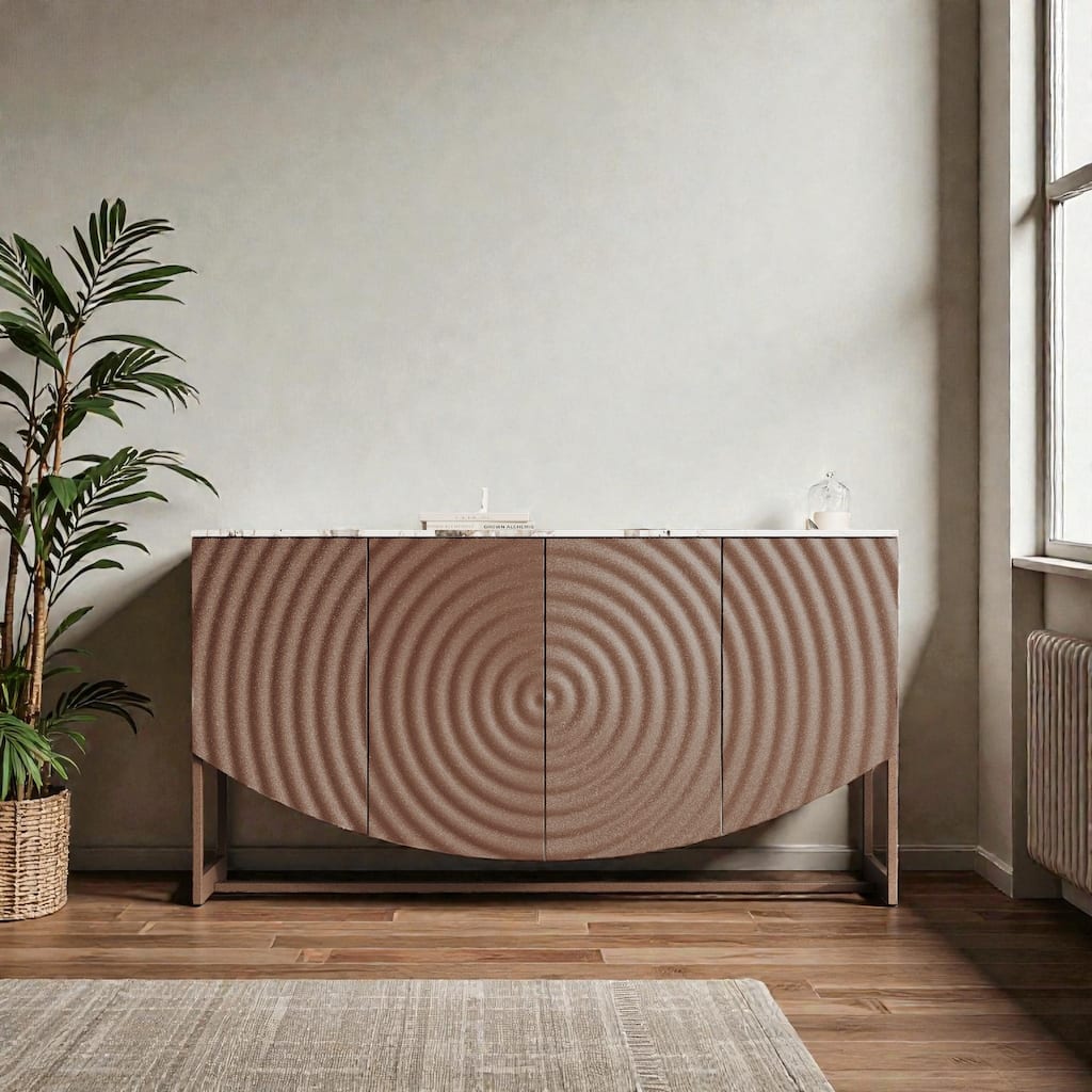 Modern 3D Wave Sideboard Buffet Cabinet, Marble Look Top Storage Console for Living Room and Dining Room