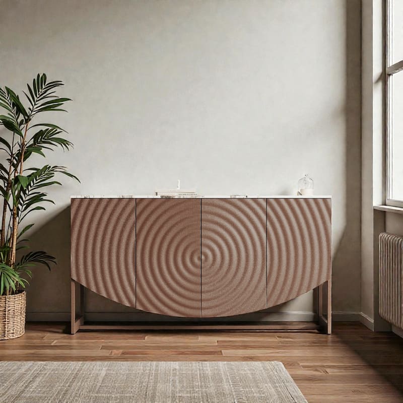 Modern 3D Wave Sideboard Buffet Cabinet, Marble Look Top Storage Console for Living Room and Dining Room - Antique Brown