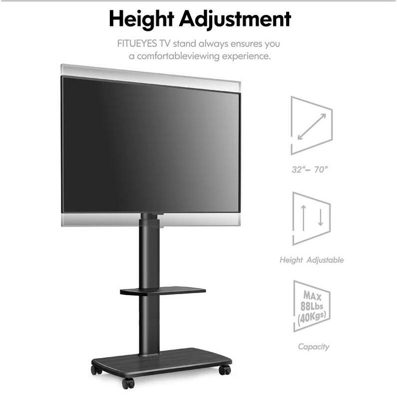 FITUEYES Rolling TV Floor Stand for 32 - 70 Inch TVs, with One Shelf and Upgraded 360° rotating wheels,Hold up to 88 lbs,