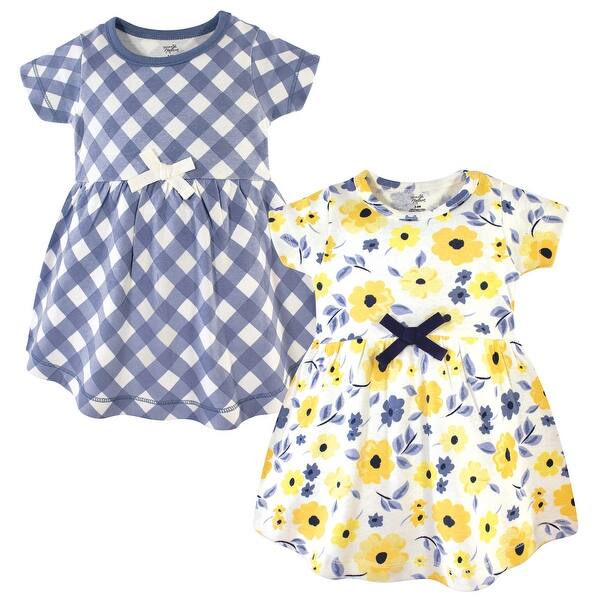 slide 1 of 1, Touched by Nature Baby and Baby Girl Organic Cotton Short-Sleeve Dresses 2pk, Yellow Garden 0-3 Months - Baby Toddler Yellow Garden Short Sleeve