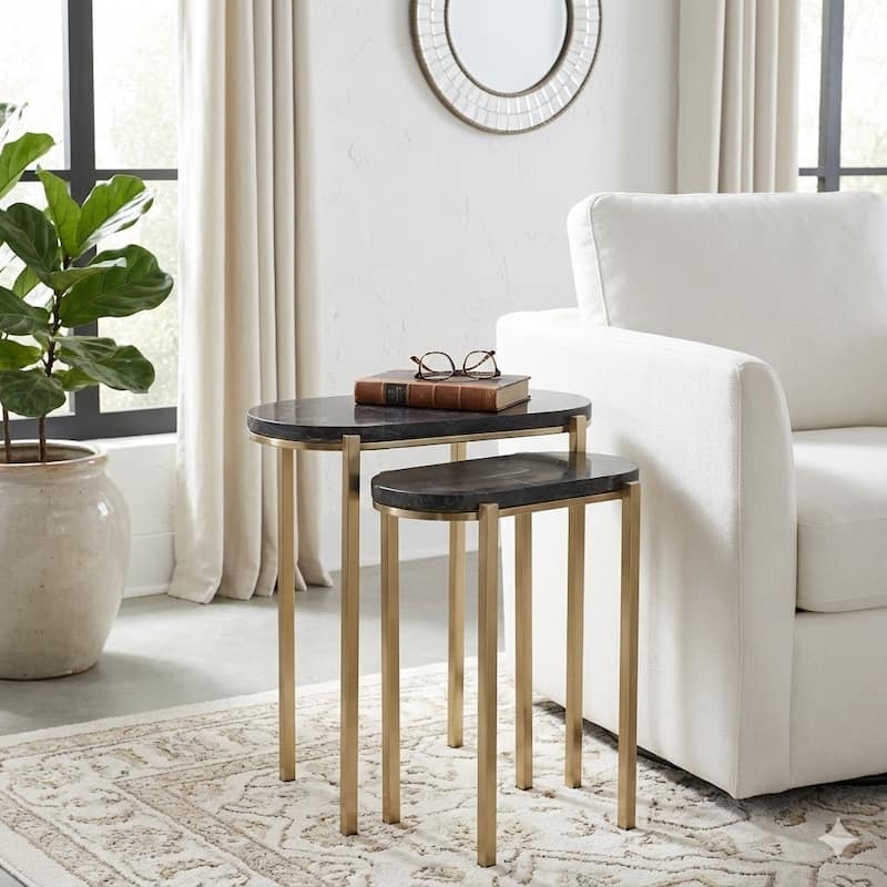 Nesting Tables with Quartz Top - Set of 2, 23", 24", Black & Gold - 24.0" - Marble - 24.0" - Black