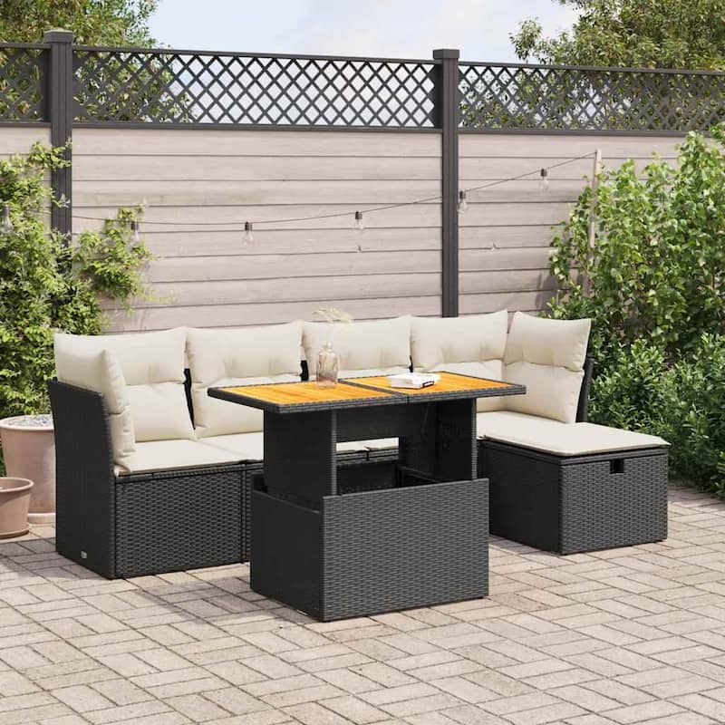 6 Piece Garden Sofa Set with Cushions - 21.7 x 39.4 x 28.7 in - Black and cream with storage