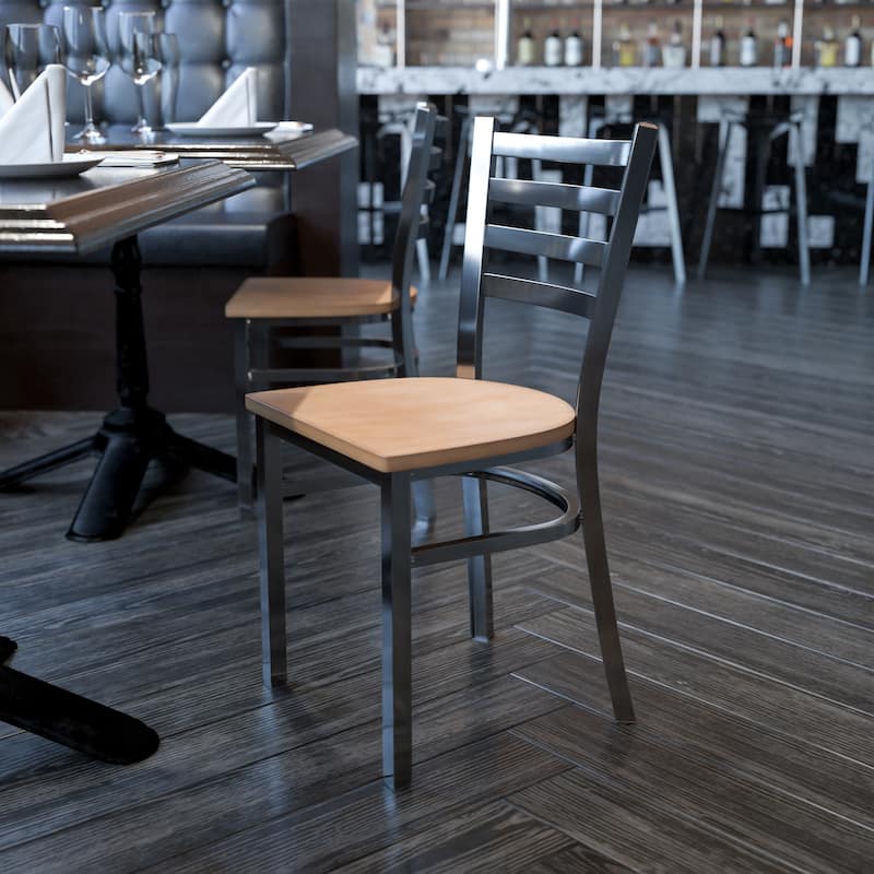 Clear Coated Ladder Back Metal Restaurant Chair - 16.5"W x 17"D x 32.25"H - Natural Wood Seat/Clear Coated Metal Frame