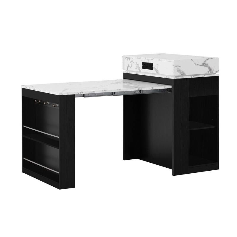 57.7" Kitchen Island with Extendable Top on Wheels, Kitchen Dining Table, Bar Table with Drawers and Power Outlet