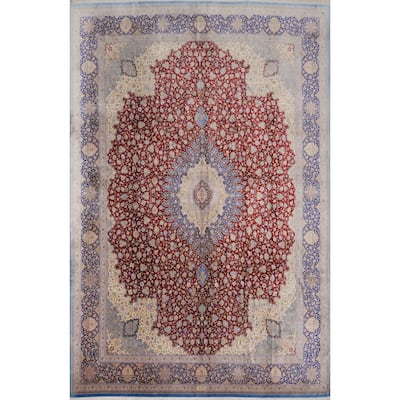 Hand Knotted Oriental 100% Silk Carpet Traditional Floral Red Qum Area Rug - 13' 2'' X 9' 7''