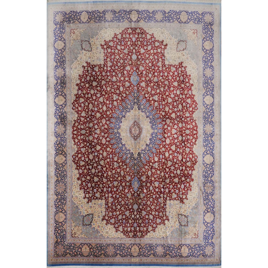 Hand Knotted Oriental 100% Silk Carpet Traditional Floral Red Qum Area Rug - 13' 2'' X 9' 7''