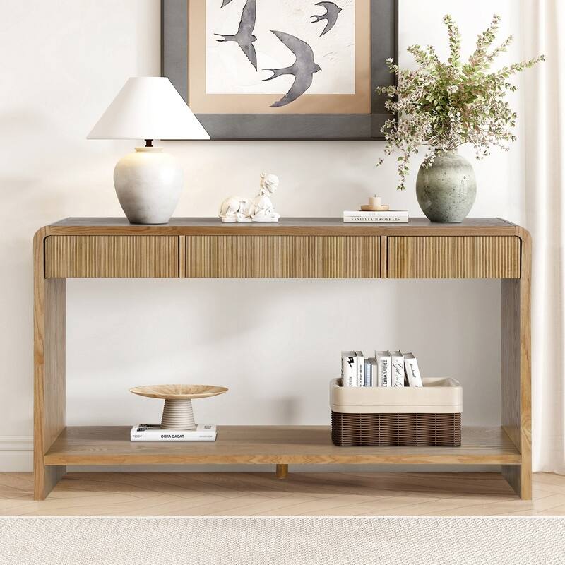 Modern 59" Console Table with 3 Drawers, Vertical Slats and Round Edge Design for Entryway or Hallway - Brown