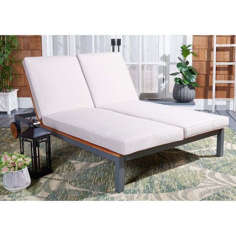 SAFAVIEH Outdoor Francka Adjustable Double Lounge Chair with Side Table - 83 In. W x 52 In. D x 15.8 In H - 83Wx52Dx16H - Beige/Grey