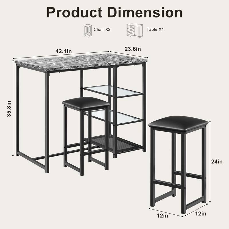 Javlergo 3-Piece Dining Table Set with 2 Backless PU Padded Chairs Space Saving Design Pub Set White/Oak & Black/Marble Options