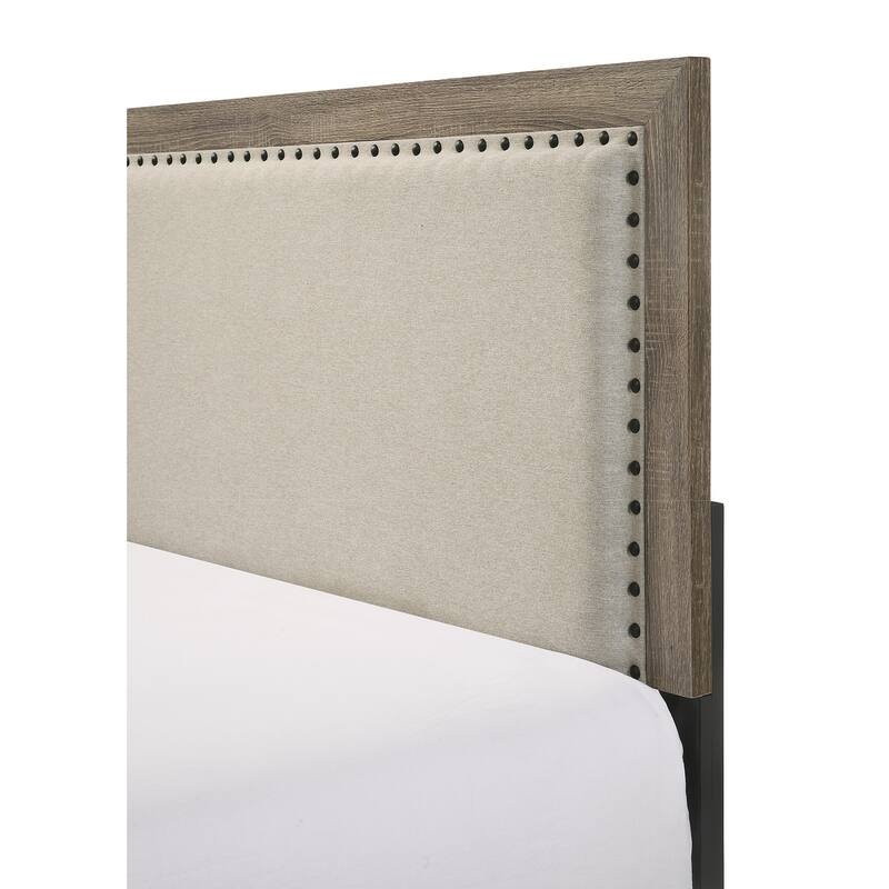 Queen Size Upholstered Headboard Panel Bed with Tufted Nailhead Trim, Grey Finish
