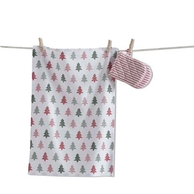 Patterned Tree Dishtowel & Mitt Set - Multicolor Cotton Kitchen Textiles for Christmas - Machine Washable, 26" L x 18" W