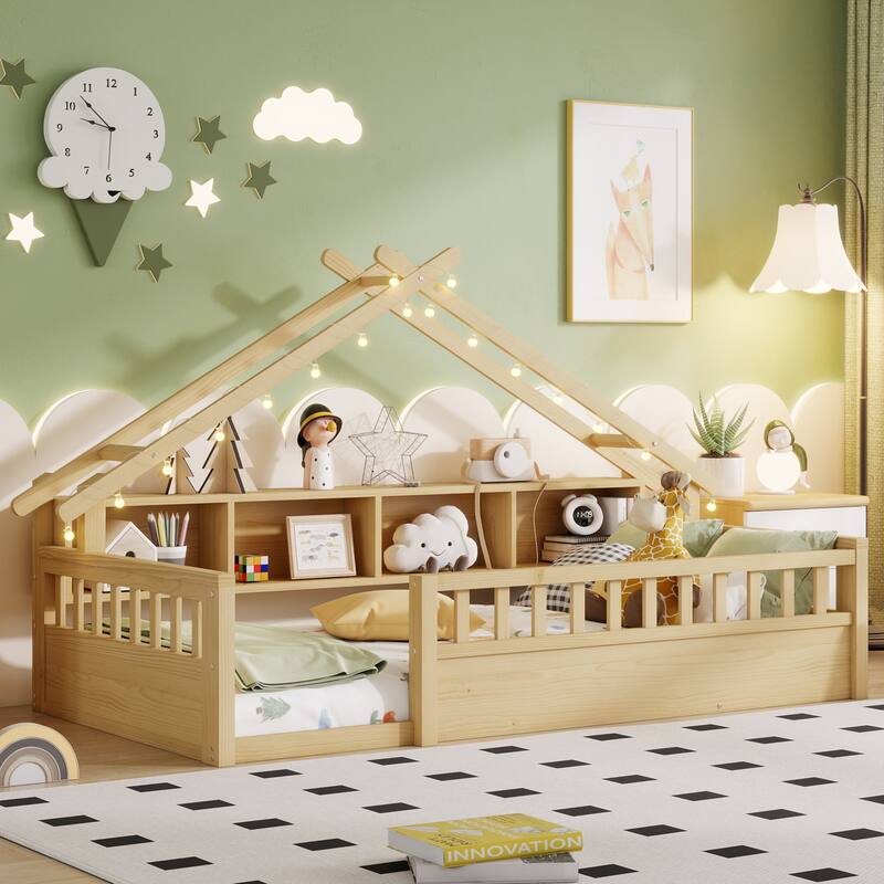 House-shaped Daybed Kids Wood House Bed Montessori Toddler Floor Bed with Roof Shape Storage Bookshelves and Light