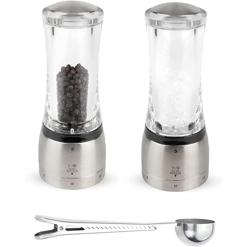 Peugeot Daman U'Select Shaftless 6.5 Inch Salt & Pepper Mill Gift Set, Stainless Steel - With Scoop (Salt & Pepper Mill Set) - 3 Piece