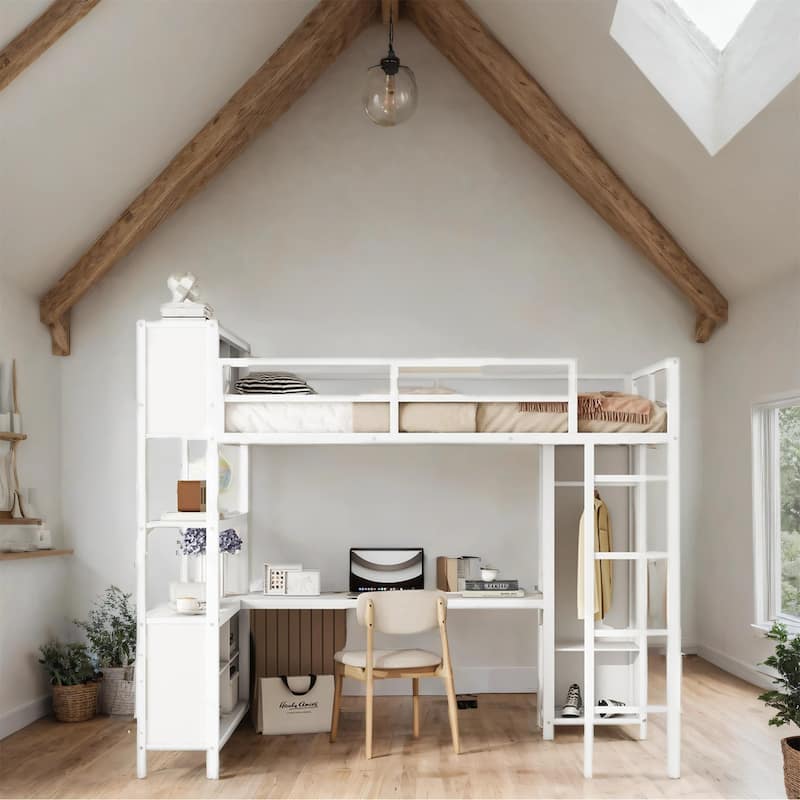 Full Size Metal Loft Bed with Wardrobe and L-shaped Desk and Shelves - White