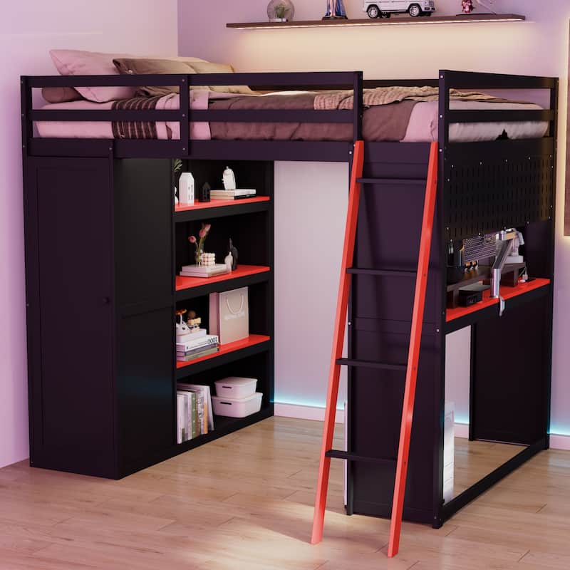 Full Size Wood Loft Bed with Wardrobe, Shelves, Blackout Curtains and RGB Lighting