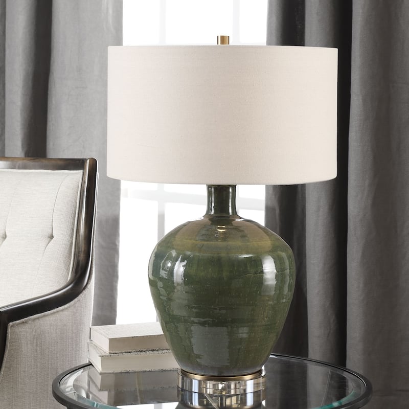 Glossy Base Ceramic Table Lamp with Beige Drum Shade - 27.25" - Green