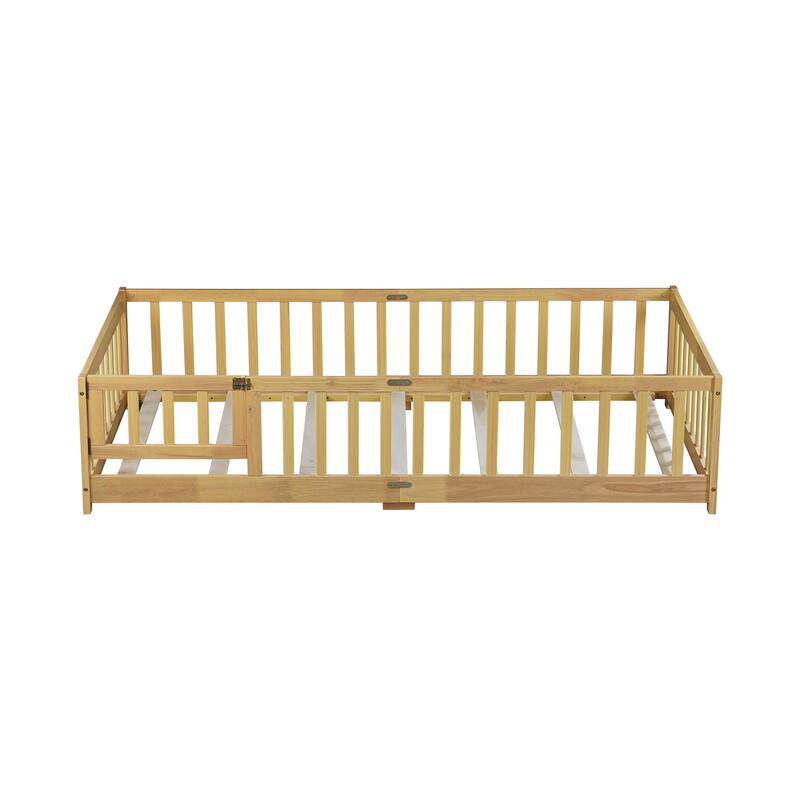 Twin Size Floor Bed with Safety Fence, Natural Rubber Wood, Easy Assembly, Compact Design