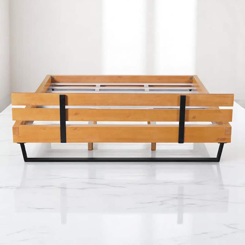 Queen/King Size Bed Frame with Headboard, Solid Pine Wood and Iron Platform Bed, Industrial Modern Design, No Box Spring Needed